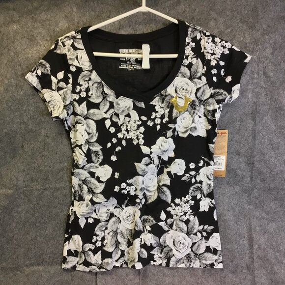 TRUE RELIGION Women's T-shirt XS Black Floral Gold Crystal BUDDHA LOGO NWT - Picture 1 of 8